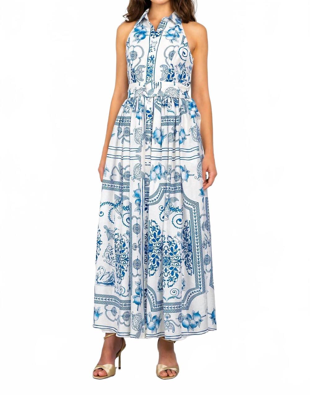 NEW LAVENDER BROWN marilyn maxi dress in white/blue